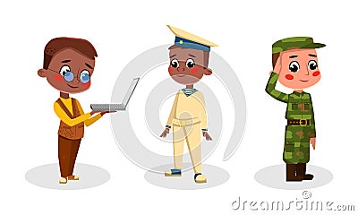Funny kids of various professions set. Soldier, sailor, computer programmer cartoon vector illustration Vector Illustration