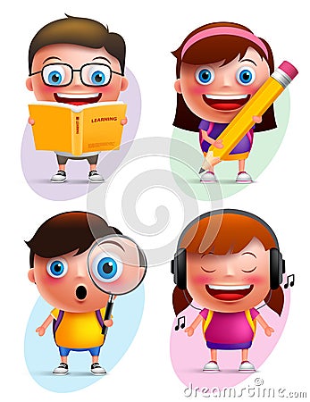 Funny kids vector characters colorful collection reading book and writing Vector Illustration