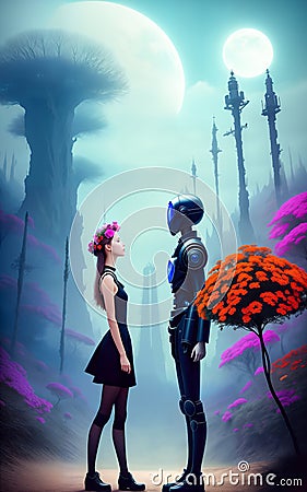 Funny kind robot gives flowers to girl Cartoon Illustration
