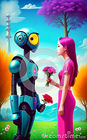 Funny kind robot gives flowers to girl Cartoon Illustration