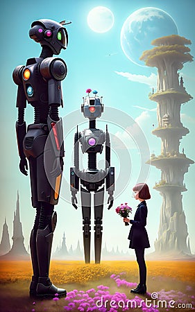 Funny kind robot gives flowers to girl Cartoon Illustration