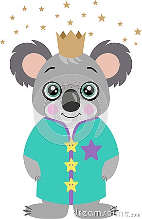 Funny king koala with crown and stars Vector Illustration