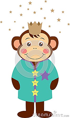 Funny king monkey with crown and stars Vector Illustration