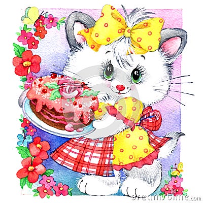 Funny kitten illustration for kid Birthday background for holiday. wat Cartoon Illustration