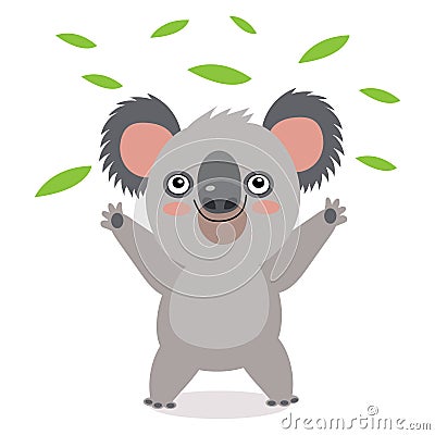 Funny Koala Bear With Green Leaves. Australian Animal Funniest. Vector Illustration