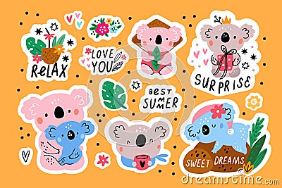 Funny koala stickers. Cute little bears. Australian fauna characters. Comic fluffy wild marsupial animals. Tropical Vector Illustration