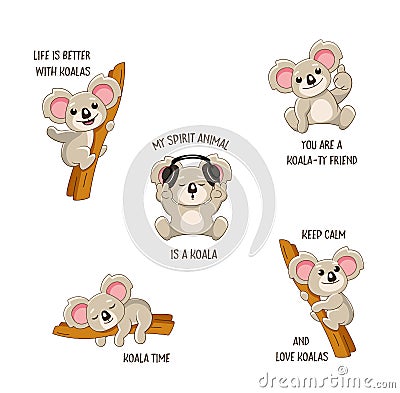 Funny koala stickers set Vector Illustration