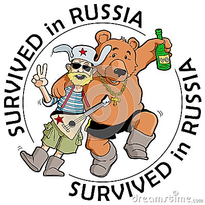 Funny Label: `Survived in Russia`. Drunk Tourist with Friendly Russian Bear Vector Illustration