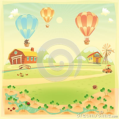 Funny landscape with farm and hot air baloons Vector Illustration