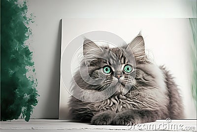 Funny large longhair gray kitten with beautiful big green eyes lying on white table. Lovely fluffy cat licking lips, AI generated Stock Photo