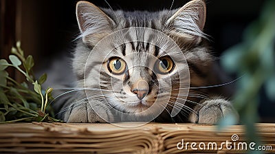 Funny large longhair gray tabby cute kitten with beautiful big eyes. generative ai Stock Photo