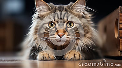 Funny large longhair gray tabby cute kitten with beautiful big eyes. generative ai Stock Photo