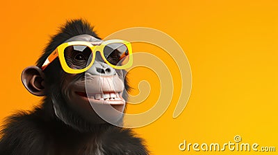 Funny laughing chimpanzee with sunglasses cartoon style on bright yellow background created with Generative AI Stock Photo