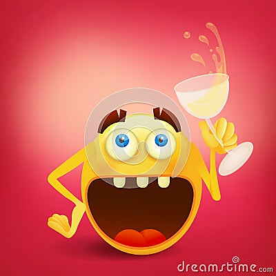 Funny laughing smiley yellow face with glass of wine Cartoon Illustration