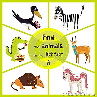 Funny learning maze game, find all 3 cute animals with the letter A, alligator, antelope, Armadillo. Vector Cartoon Illustration