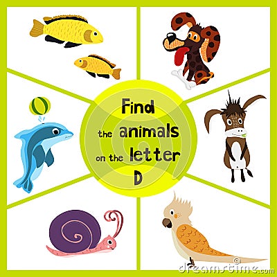 Funny learning maze game, find all 3 cute animals with the letter D, a Dolphin, a dog and a donkey. Educational page for children. Cartoon Illustration