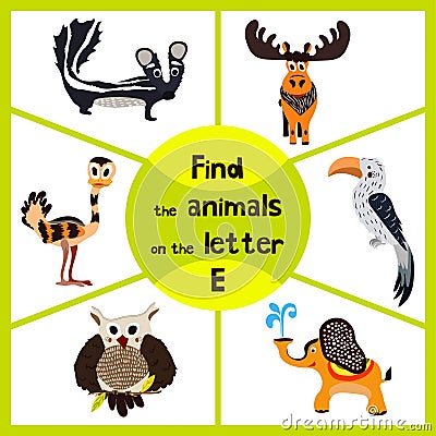 Funny learning maze game, find all 3 cute animals with the letter E, EMU, elephant, elk. Educational cranica for preschoolers. Vec Cartoon Illustration