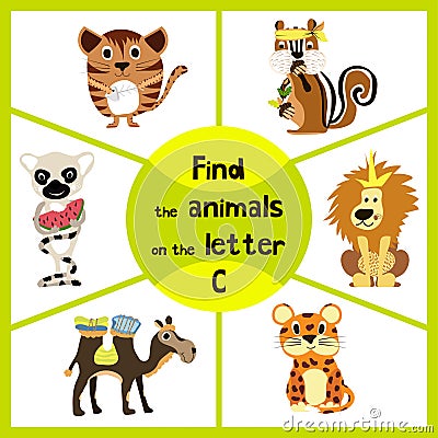 Funny learning maze game, find all 3 cute wild animals with the letter C, friendly kitten, African camel and forest Chipmunk . Edu Cartoon Illustration