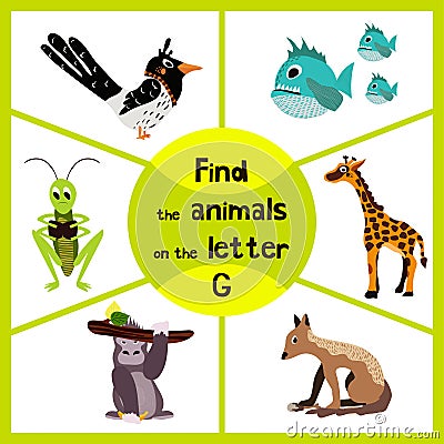 Funny learning maze game, find all 3 cute wild animals with the letter G, tropical gorilla, giraffe from Savannah and grasshopper Cartoon Illustration