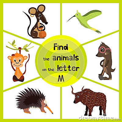 Funny learning maze game, find all 3 cute wild animals with the letter M, field mouse, macaque monkey tropical and insect-eating m Cartoon Illustration