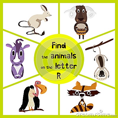 Funny learning maze game, find all 3 cute wild animals with the letter P, forest raccoon, Rhino from Savannah and domestic sheep. Cartoon Illustration