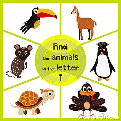 Funny learning maze game, find all 3 cute wild animals with the letter T, tropical Toucan from South America, sea turtle and poult Cartoon Illustration