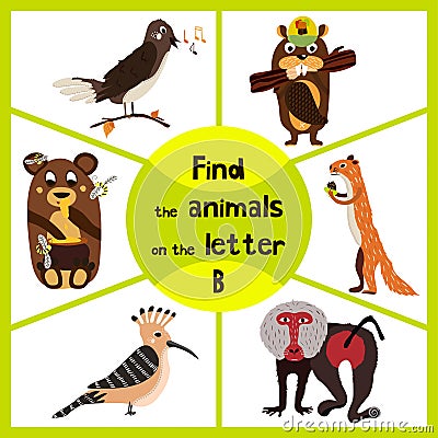 Funny learning maze game, find all of cute wild animals 3 the p-word, monkey, baboon, bear and beaver. Educational page for childr Cartoon Illustration