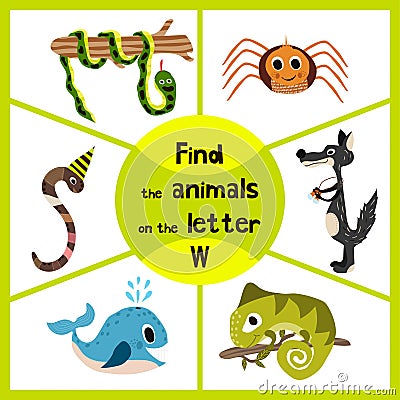 Funny learning maze game, find all 3 of cute wild animals to the letter , forest predator, the wolf, earthworm, and sea kit. Educa Cartoon Illustration