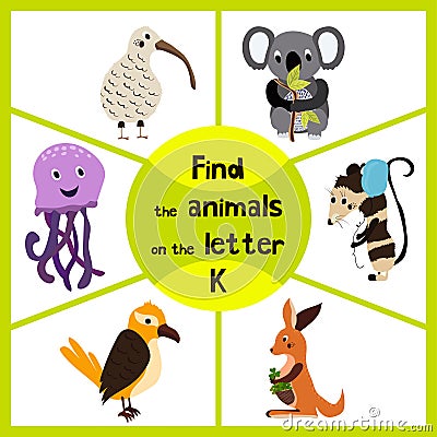 Funny learning maze game, find all 3 of cute wild animals To the letter K, the Australian kiwi bird, marsupial the kangaroo and th Cartoon Illustration