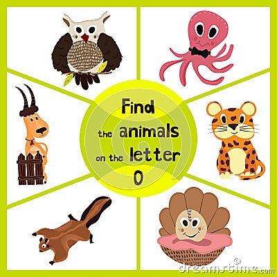 Funny learning maze game, find all 3 of cute wild animals to the letter O, sea dweller octopus, woodsy owl and sea shell. Educatio Cartoon Illustration