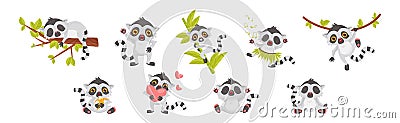 Funny Lemur Cub with Striped Tail Engaged in Different Activity Vector Set Vector Illustration