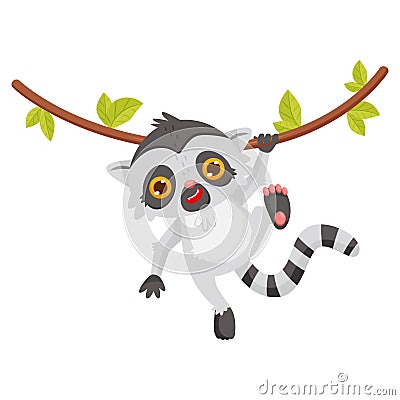 Funny lemur hanging on liana. Animal with long striped tail and big shiny eyes. Flat vector design Vector Illustration