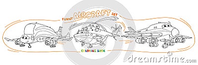 Funny light aircraft planes and helicopter coloring book set Vector Illustration