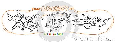 Funny light aircraft planes and helicopter coloring book set Vector Illustration