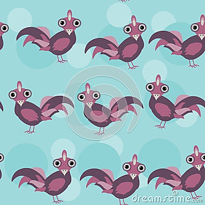 Funny lilac rooster on a blue background seamless Vector Illustration