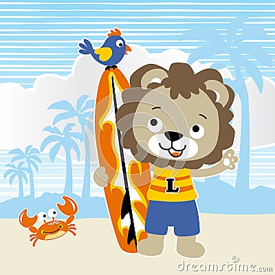 Funny lion cartoon in the beach Vector Illustration