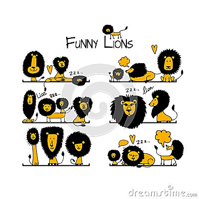 Funny lions collection, sketch for your design Vector Illustration