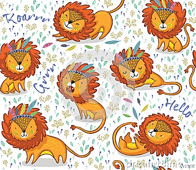 Funny lions seamless vector pattern with white background Vector Illustration