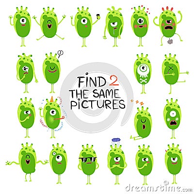 Funny little aliens illustration. Find two same pictures. Educational matching game for children Cartoon Illustration