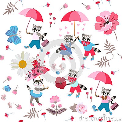 Funny little animals with umbrellas, butterflies, hearts, leaves and flowers on white background. Seamless pattern for baby Vector Illustration