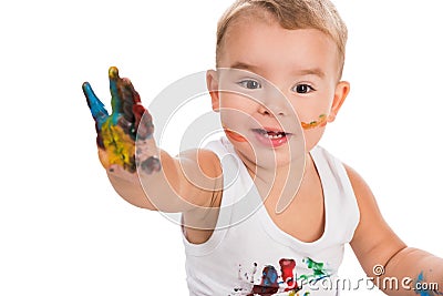 Funny little boy with colored hand Stock Photo