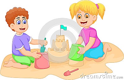 Funny little boy and girl cartoon playing sand Stock Photo