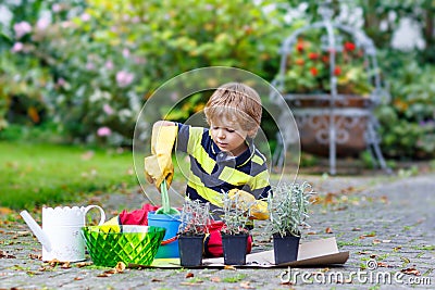 Funny little boy learning to plant flowers in home's garden Stock Photo