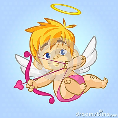 Funny little Cupid aiming at someone with an arrow of love. Cartoon illustration of a Valentine`s Day. Vector Illustration