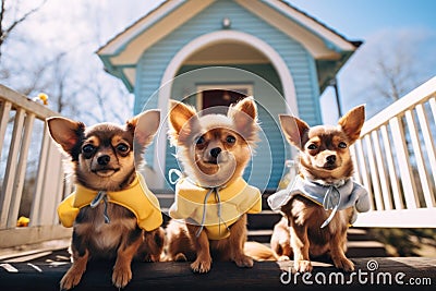Funny little dogs in pet outwear sit on veranda on sunny spring day. Three fashionable dogs on porch of house Stock Photo