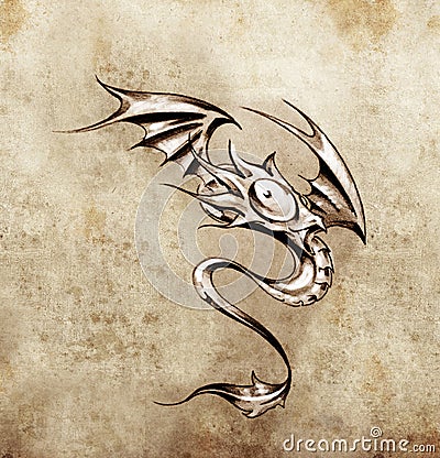 Funny little dragon. Sketch of tattoo art Stock Photo