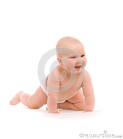 Funny little girl crawl on white bed Stock Photo