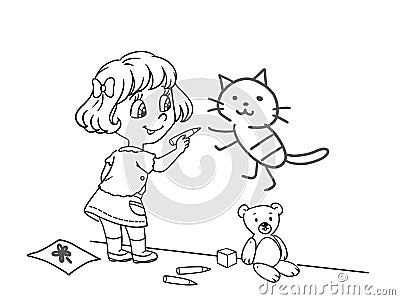 Funny little girl drawing a picture on the wall coloring page Stock Photo