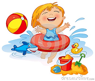 Funny little girl swims in a sea Vector Illustration