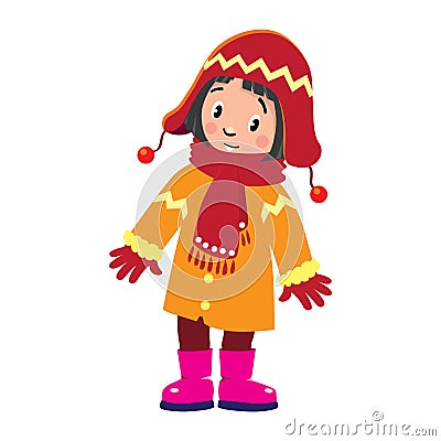 Funny little girl in winter clothes. Children Vector Illustration